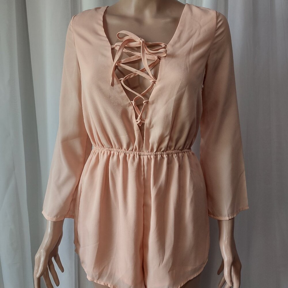 Yoins peach shorts romper with lace up front size 2